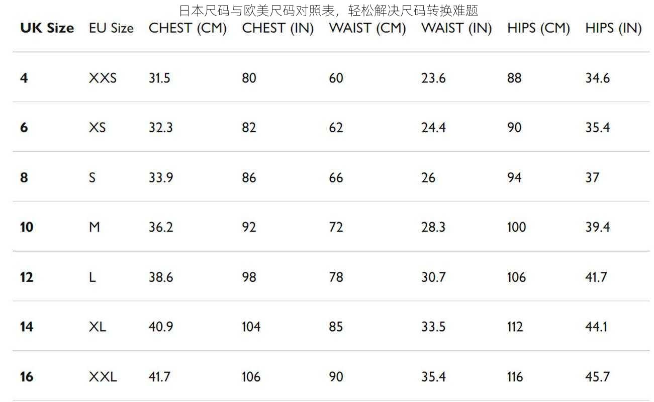 日本尺码与欧美尺码对照表，轻松解决尺码转换难题